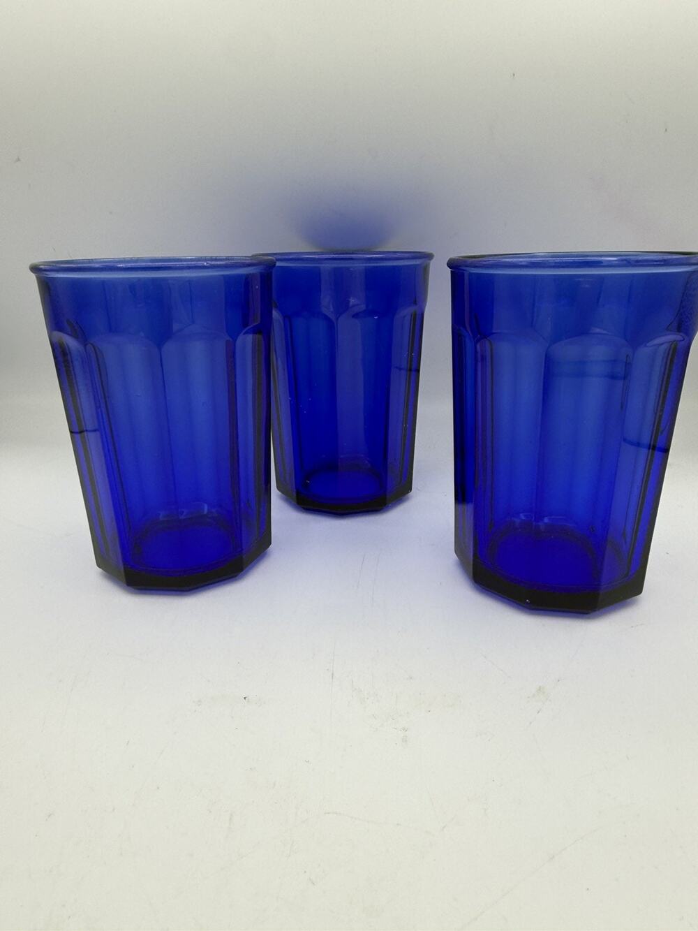 Set of 3 Made in France Cobalt Blue Glasses - 10-Panel Vintage Perfect condition